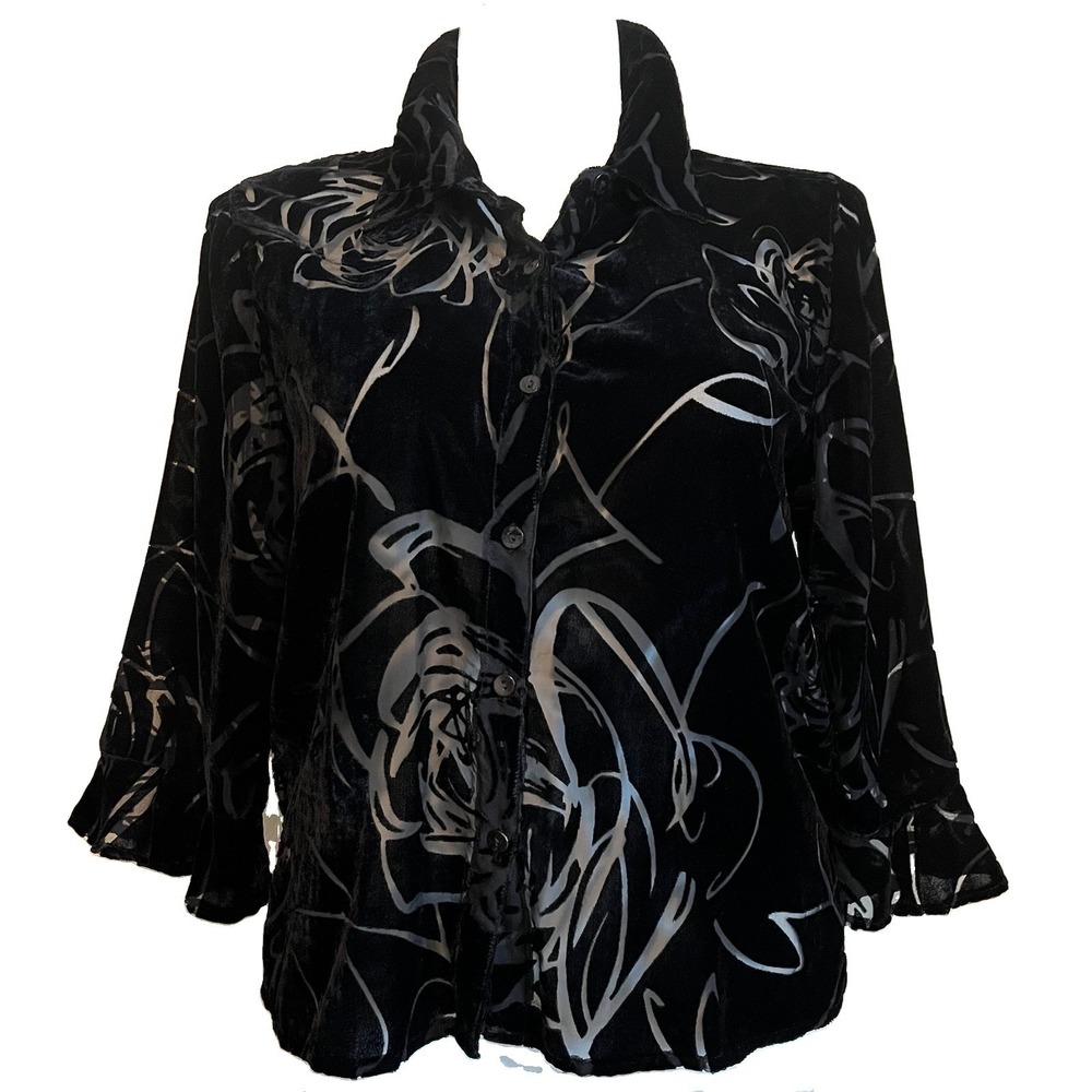 VTG Y2K Black Velvet Burnout Top Button Up Womens L Floral Romantic Whimsigoth